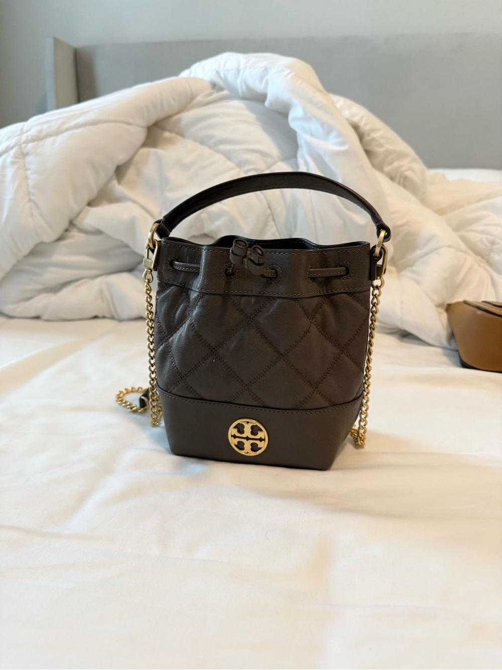 Tory Burch Quilted Mini Bucket Bag - Brown with Gold Hardware